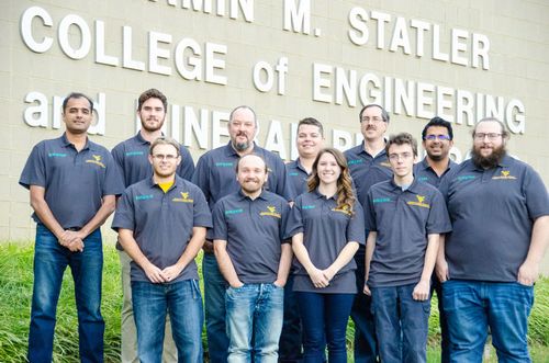 Team leads and the advisors for EcoCar include (front row, from left) Joshua Strogen (engineering manager), Nikola Janevski (CAV co-lead), Haleigh Fields (communications manager), Curtis Stapleton (controls/modeling lead), Benton Morris (project manager);